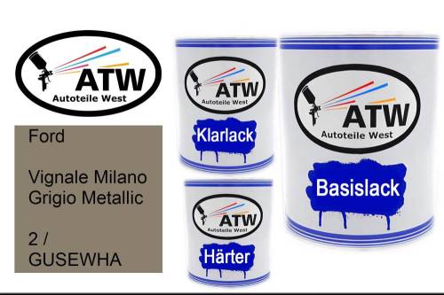Ford, Vignale Milano Grigio Metallic, 2 / GUSEWHA: 1L Lackdose + 1L Klarlack + 500ml Härter - Set, von ATW Autoteile West.